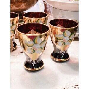 CORDIALS LIQUEUR GLASSES VINTAGE BARWARE MCM HAND PAINTED FLORAL GOLD TRIM